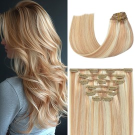 Clip in Hair Extensions Real Human Hair Strawberry Blonde to Bleach Blonde 70G Remy Hair Extensions Highlight Clip in Human Hair(18 Inch #12P613)