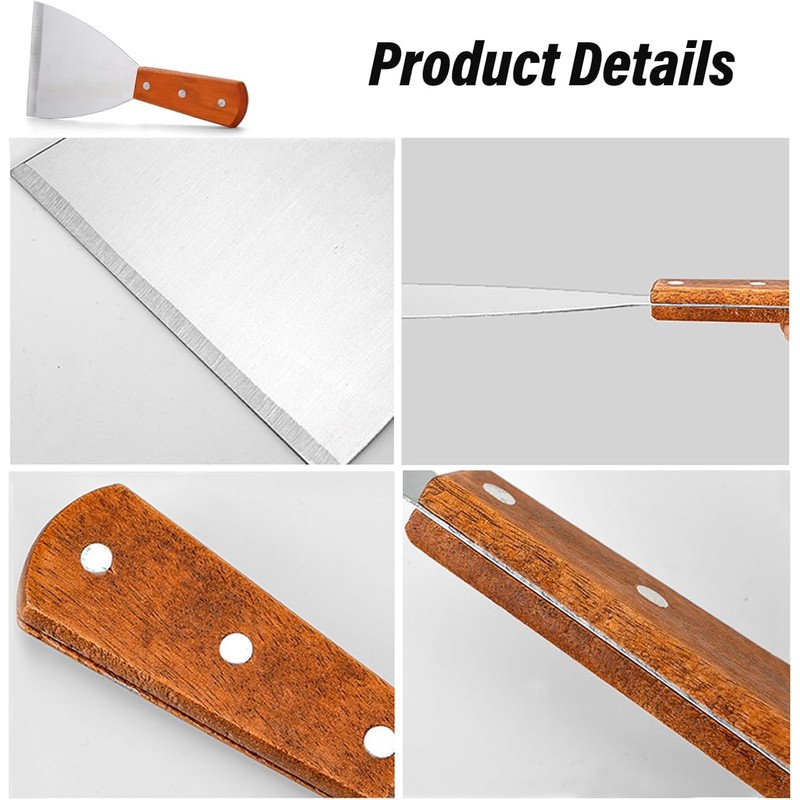 2Pcs Griddle Scraper,Stainless Steel Spatula for Cast Iron Wood Handle