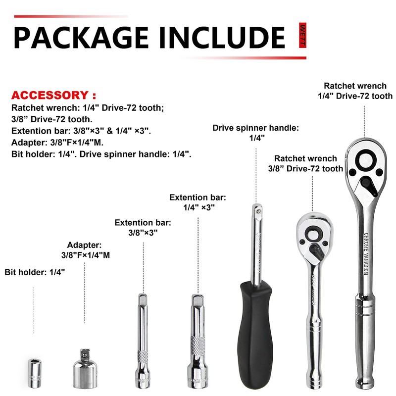 WETT 1/4" and 3/8" Drive Socket Set, 86-Piece Socket Wrench