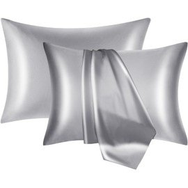 YUTNSAN Satin Silk Pillow Cases 2 Pack, Grey Silk Pillowcase for Hair and Skin Standard Size with Envelope Closure, 50x75CM