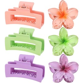 Flower Hair Clips for Women Square Claw Clips for Girls 2 Styles Hair Claw Clips for Thick or Thin Hair 6 PCS Hawaiian Hibiscus Rectangle Large Plumeria Medium Hair Accessories for Women (Purple)