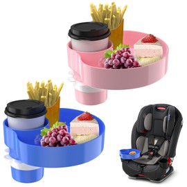 SSPONT [2 Packs] Kids Car Seat Tray, Travel Tray with Cup Holder for Toddler, Kids Car Seat Food Snack Tray for Road Trip, Stroller snack tray travel must haves - Blue+Pink