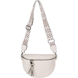 styleBREAKER 02012401 Women's Half Moon Crossbody Shoulder Bags Plain Adjustable Shoulder Strap with Zigzag Diamond Pattern, Cream-Beige