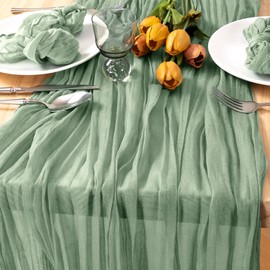 MLMC St. Patrick's Day Sage Green Cheesecloth Table Runner 13.3ft Rustic Gauze Cheese Cloth Table Runner 35x160 Inches for Spring Easter Boho Wedding Bridal Shower Sheer Centerpiece Decor