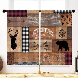 Opeoddie Farmhouse Country Kitchen Curtains Rustic Brown Bear Deer Window Curtains Retro Cabin Short Cafe Curtains for Bathroom Rod Pocket Window Treatment Tiers Drapes 2 Panels 27.5x39 Inch