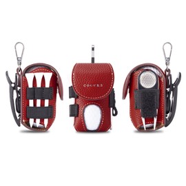 COGURE Genuine Leather Golf Ball Case for Men Women 2 Balls Tee Storage Green Fork Marker Glove Holder Swivel Clip with Gift Box CopGBC-L Left Hip Red