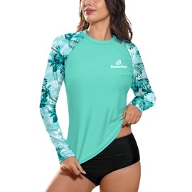 Women Summer UPF Swimming SPF Rash Guard Sun Protective Sunproof Surf Top Aqua Tropical Floral XXL