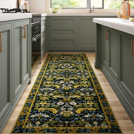 Runner Rug - 2'x10' Boho Washable Kitchen Rug, Non-Slip Soft Low Pile Rugs Indoor for Hallway Hall Living Room Bedroom Sunroom, Vintage Stair Carpet Stain Resistance (Dark Green, 2x10ft)