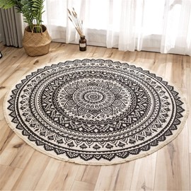 Greenf Retro Round Cotton Rug, Washable, Indoor and Outdoor for Living Room, Bedroom Rug, Boho Style, Round Rug (Height 90 x 90 cm)