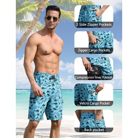 Mens Swim Trunks with Compression Liner Shark 9 Inch Beach Swim Shorts Bathing Suits Quick Dry Hiking Cargo Shorts with Zipper Pocket