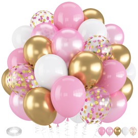 Froova Pink and Gold Balloons, 12 Inch Light Baby Pink White and Gold Confetti Balloons for Girls Princess Birthday Baby Shower Bridal Shower Wedding Graduation Party Decoration