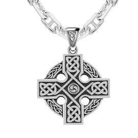 US Jewels Men's 925 Sterling Silver 31.5mm Irish Celtic Knotwork Cross Pendant 3.8mm Marine Cable Chain Necklace, 26in