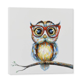 JAPO ART Funny Animal with Glasses Wall Art Hand Painted Owl Painting Colorful Owl Pictures Wall Decor for Kidroom Baby Nursery Room Bedroom 24x24 Inch
