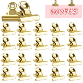 Small Bulldog Paper Clips, Mini Metal Clips, Pack of 100 Metal Letter Clips, 22 mm Hinge Paper Clips, Multi-function Binder Clips for Photos, Office and Kitchen (Gold)