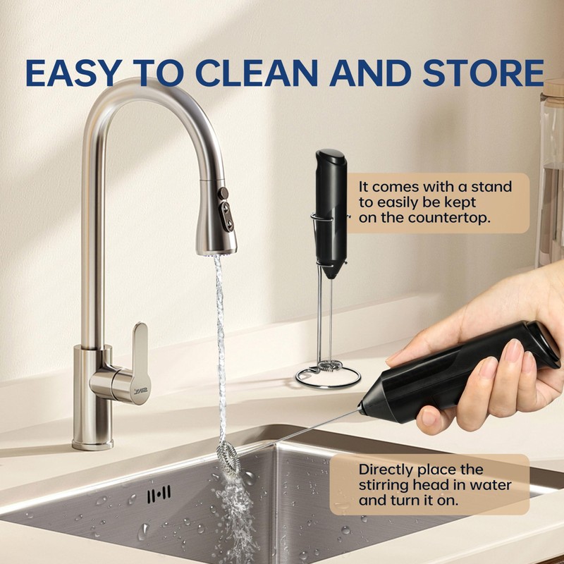 YSSOA Electric Milk Frother Handheld with Stainless Steel Stand Battery