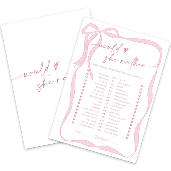 JarThenaAMCS 50 Sheets Pink Bow Bridal Shower Game Cards Double