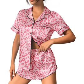Ekouaer Womens Silk Satin Pajama Set Print Short Sleeve Sleepwear Button Down Pjs Shorts Set Loungewear Pink Leopard M