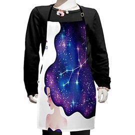 Ambesonne Celestial Apron, Horoscope Virgo with Sign and Abstract Space Hair Girl Constellation, Small Apron Bib with Adjustable Ties for Baking Painting, Small Size, Violet and Multicolor