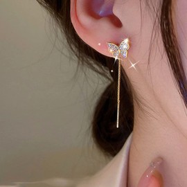 Boho Wedding Dainty Cz Tiny Butterfly Threader Earrings Gold Small Crystal Stud Pull Through Earrings Thread Long Chain Tassel Line Bar Dangle Cute Mini Drop Simple Delicate Minimalist for Women
