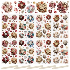 WANDIC 16 Sheets Rub On Transfer Sticker, Retro Clock with Flowers Transfer Decals Waterproof Vintage Scrapbook Stickers for Greeting Cards Gift Wrapping,4 * 6in
