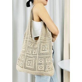 Obosoyo Crochet Mesh Beach Tote Bag Aesthetic Tote Bags Summer Bag Knitted Shoulder Bags Casual Shopping Bag, C-khaki, Medium