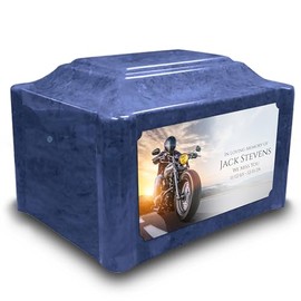 GetUrns Devotion Twilight Blue Adult Cremation Urn for Human Ashes I Motorcycle UV Printing Cultured Marble Urns for Male and Female I 200lbs