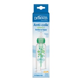 Dr. Brown's Anti-Colic Options+ Narrow Sippy Bottle Starter Kit, 8oz/250mL, with Level 3 Medium-Fast Flow Nipple and Soft 100% Silicone Sippy Spout, Green, BPA Free, 6m+