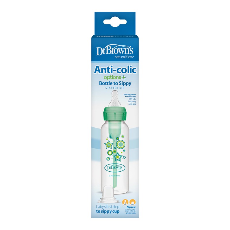Dr. Brown's Anti-Colic Options+ Narrow Sippy Bottle Starter Kit, 8oz/250mL,