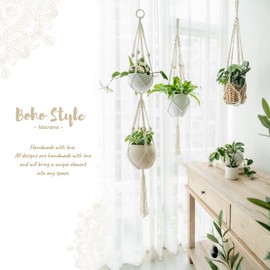 Mkono Macrame Double Plant Hanger Indoor Outdoor 2 Tier Hanging Planter Basket Cotton Rope with Beads 4 Legs 49 Inches