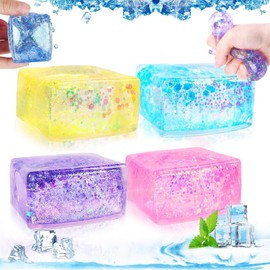 Stress Ball for Kids Adults, 4Pcs Squishy Toys Large Ice Cube Squeeze Ball with Sequin Fidget Toys for Stress Relief Boys Girls Gifts