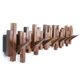 Acsigesn Wooden Coat Rack Wall Mounted Sticks Multi Rack Solid Handmade Natural Walnut Wood Artwork with 7 Flip-Down Unique Modern Hooks for Coats Bag Hat Umbrella