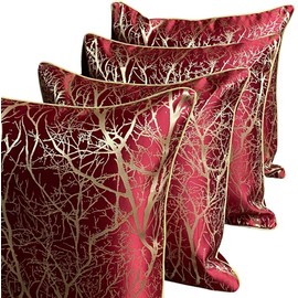 RKAAS HOME Decorative Luxury Jacquard Silk Soft Designer Square Cushion Cover for Living Room Sofa Couch Bed 45cm x 45cm 18x18 Inches (Pack of 4 - Branch Pattern - Red)