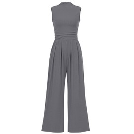 PRETTYGARDEN Womens Summer Jumpsuits Dressy Casual One Piece Outfits Sleeveless Mock Neck Wide Leg Pants Rompers with Pockets (Grey,Medium)