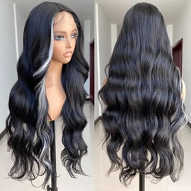 SISgrace Skunk Stripe Lace Front Wig Light Grey Skunk Stripe Synthetic Body Wave Wear and Go 13x4x1 T-part Lace 28 Inch Pre-plucked Glueless Lace Wigs for Women