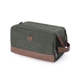 WANDF Men's Toiletry Bag, Travel Toiletry Bag, Canvas and Leather Toiletry Bag, Water Resistant Shaving Bag for Travel Accessories, Green