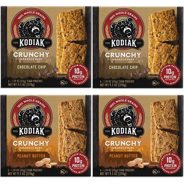 Kodiak Cakes Crunchy Granola Bar Variety Pack - Peanut Butter (2 boxes) and Chocolate Chip (2 boxes) High Protein Granola Bar Snack - 100% Whole Grain Granola Bars Bulk - (24) Total Pouches