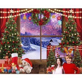 Caaerttply Christmas Backdrop for Photography 10x8ft Winter Snowy Window Merry Christmas Photo Backdrop Xmas Tree Gifts Xmas Eve Background Festival Christmas Party Backdrop Decorations Banner Props