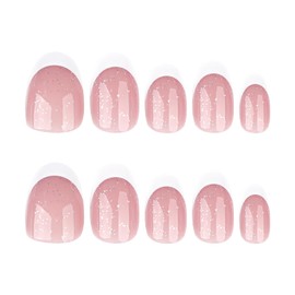MISUD Press on Nails Short Oval Fake Nails Glossy Glue on Nails White French Tip Acrylic Nail Supplies Round Artificial Nails Bling Glitter Stick on False Nails Art with Design DIY 24 pcs