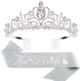 Casoty Bride to Be Sash & Tiara Kit, Bachelorette Party Decorations, Bridal Shower Decorations, Silver AB Crown and Bride Sash Set for Bachelorette Party, Bachlorette Gifts for Bride