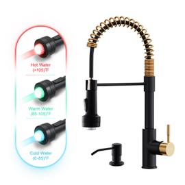 GIMILI Black and Gold Kitchen Faucet with Soap Dispenser Single Hole Pull Down Sprayer LED Faucet, Suitable for Farmhouses, RV, Laundry Room, Outdoor, and Campers. Llave para fregadero de cocina