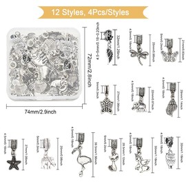 CHGCRAFT 48Pcs 12 Styles Alloy Dangle Spacer Beads European Dangle Beads Antique Silver Butterfly Elephant Owl Charm for European Snake Chain Bracelet Necklace Making, 21~30mm Length