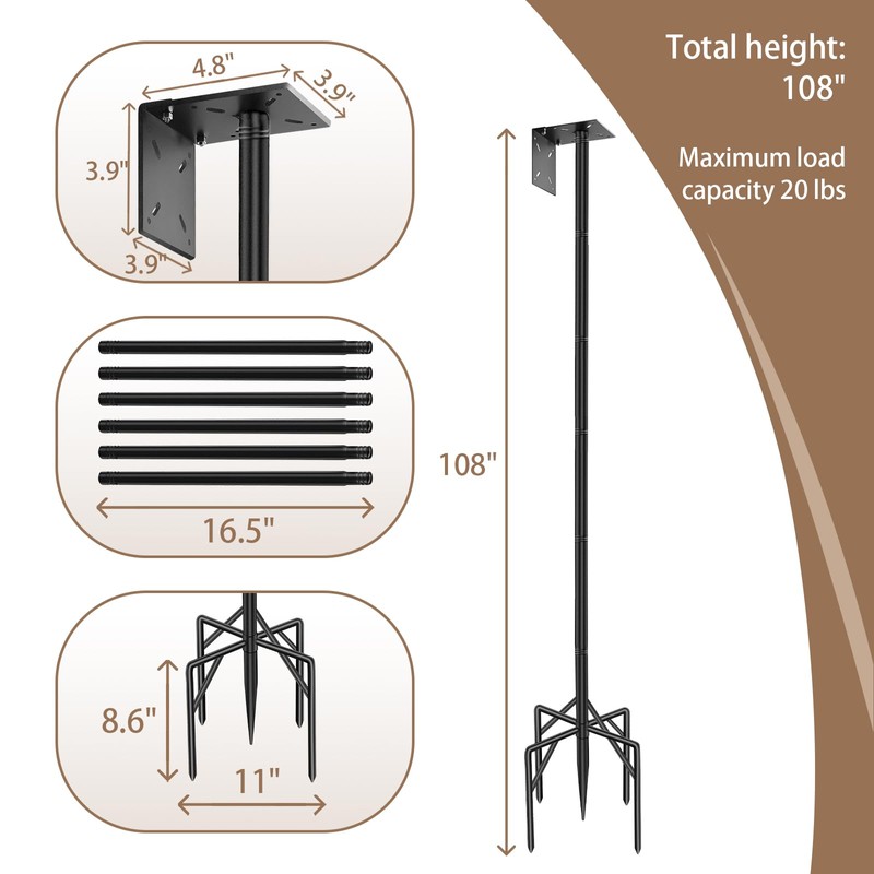 108 Inch Heavy Duty Birdhouse Pole Stand with Reinforced 5-Prong