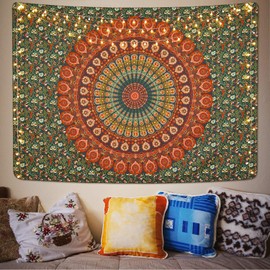 Lyacmy Bohemian Mandala Tapestry Hippie Tapestries Psychedelic Peacock Boho Tapestry Wall Hanging for Bedroom（Golden Green, 51.2 x 59.1 inches）