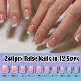 Set of 240 False Nails Tips, French False Nails for Sticking On, Artificial Nails, Medium Square Ballerina Nail Art, Manicure, Fake Nails for Women, French, Medium, Ballerina