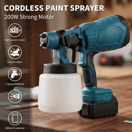 Paint Sprayer, 200W Cordless Spray Gun with 2 x 2000mAh Batteries Included, 1000ml High Capacity HVLP Handheld Electric Paint Sprayer, 3 Spray Patterns for House Painting, Cabinets, Fence DIY Projects