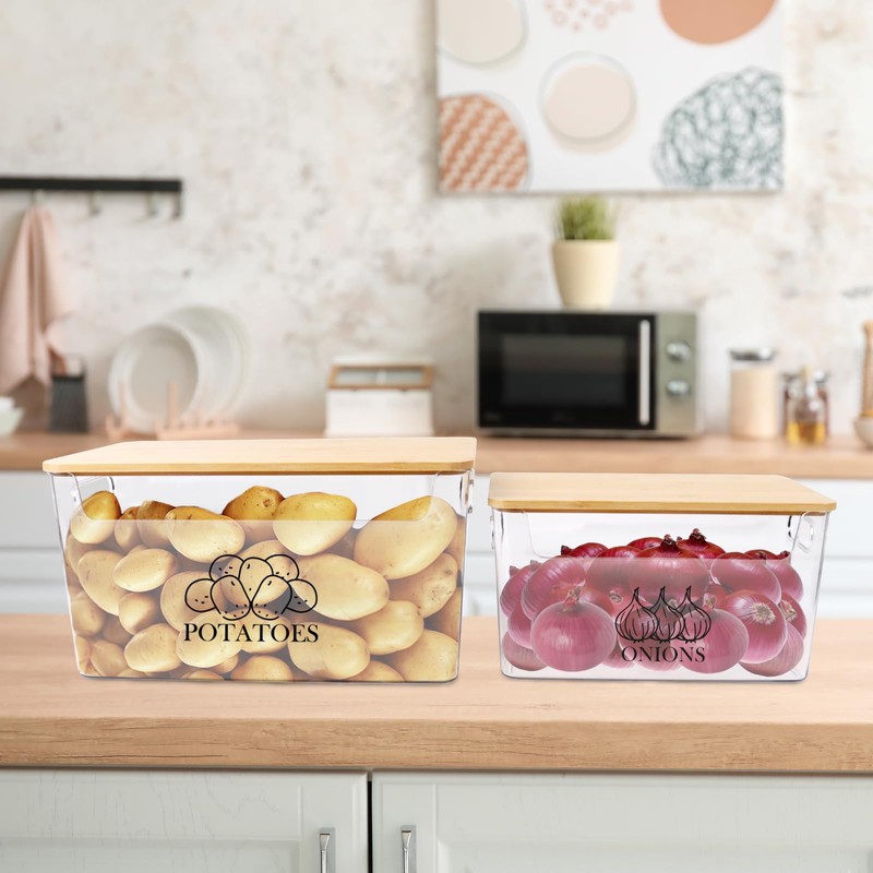 Xbopetda Potato Onion Storage, Potato Bin with Bamboo Lid, Transparent