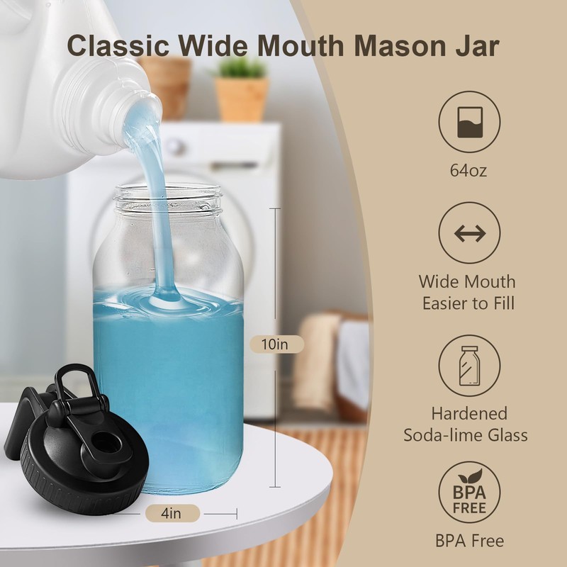 64oz Glass Pitcher with Lid - 2 Quart Mason Jar
