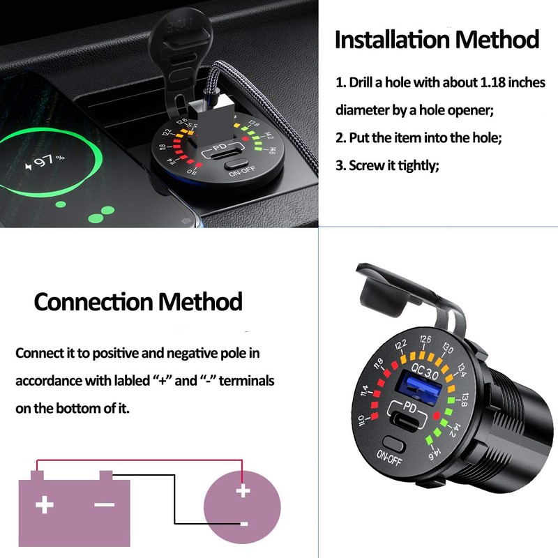 iMESTOU 12V USB C Charger with Voltmeter Switch Waterproof Dual