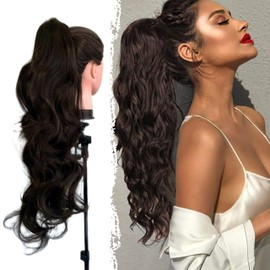 Haarteil, Pferdeschwanz, gewellt, Dunkelbraun, natürlicher Effekt, gewellt, einfache Anwendung mit Clip, lockiges Haar, 70 cm
