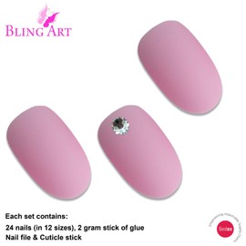 Bling Art False Nails Pink Matte Oval Medium Fake Acrylic 24 Tips with Glue